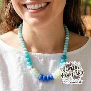 Vintage Graduated Bead Necklace Teal Green White Blue Acrylic Beads Rhinestones